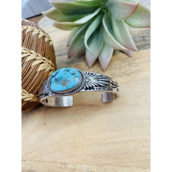 Navajo Sterling Silver & Royston Turquoise Cuff Bracelet Signed - Picture 3 of 8